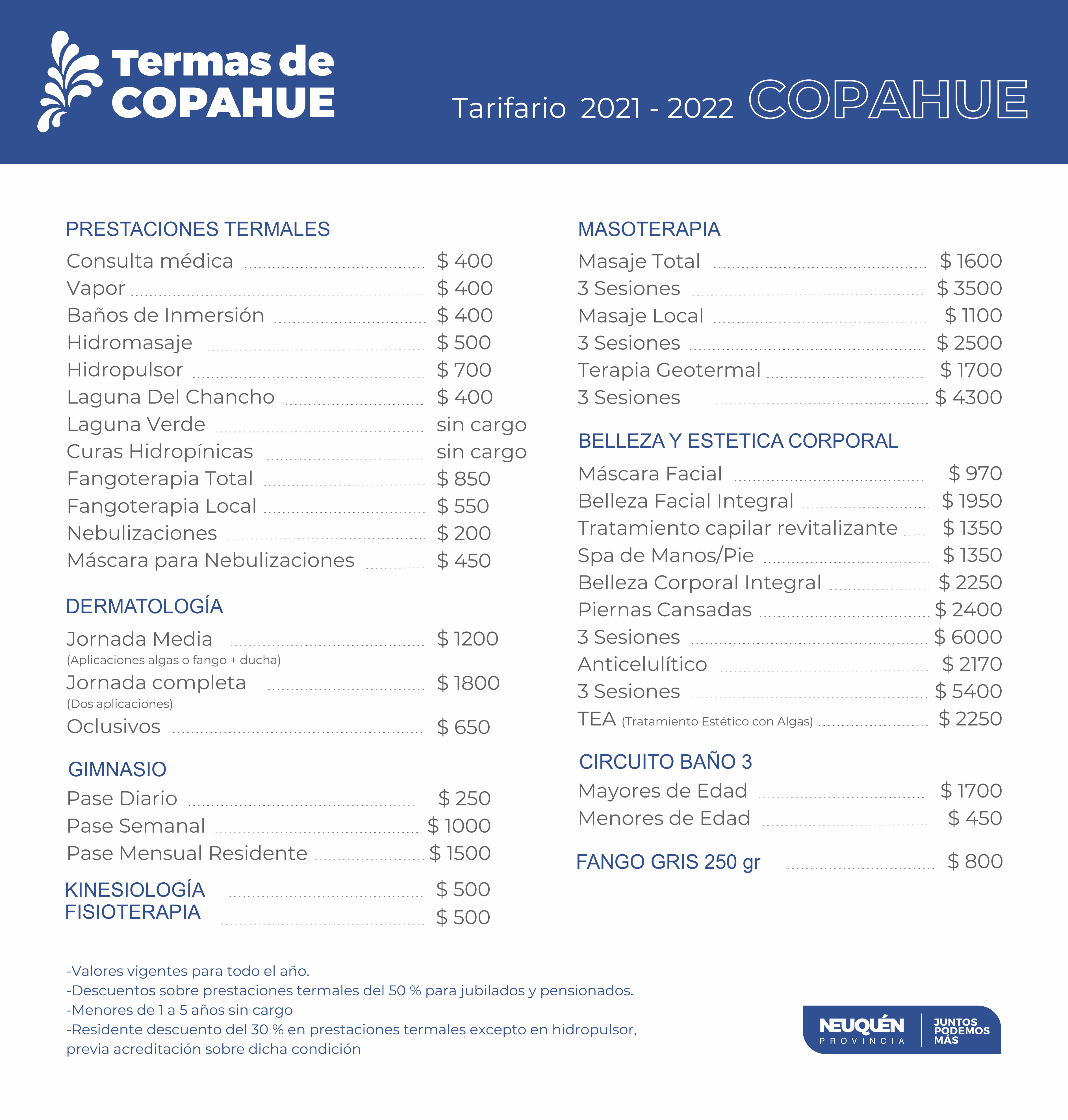 Tarifas 2020 2021 Copahue